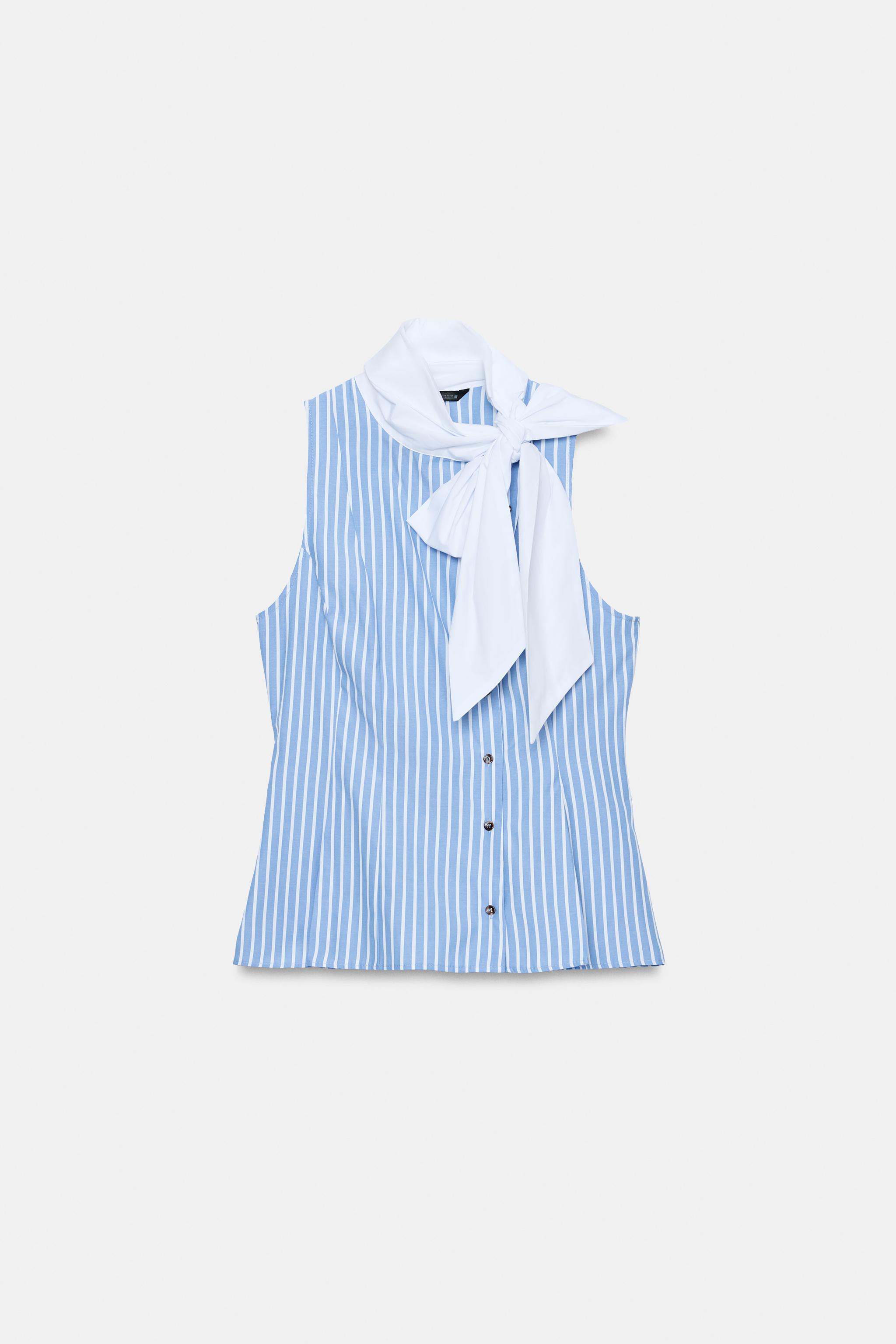 STRIPED SHIRT WITH BOW AND SLEEVELESS